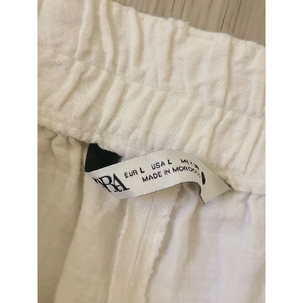 Zara White Linen Cotton High-Rise Wide Leg Pants Large Coastal Grandma Large